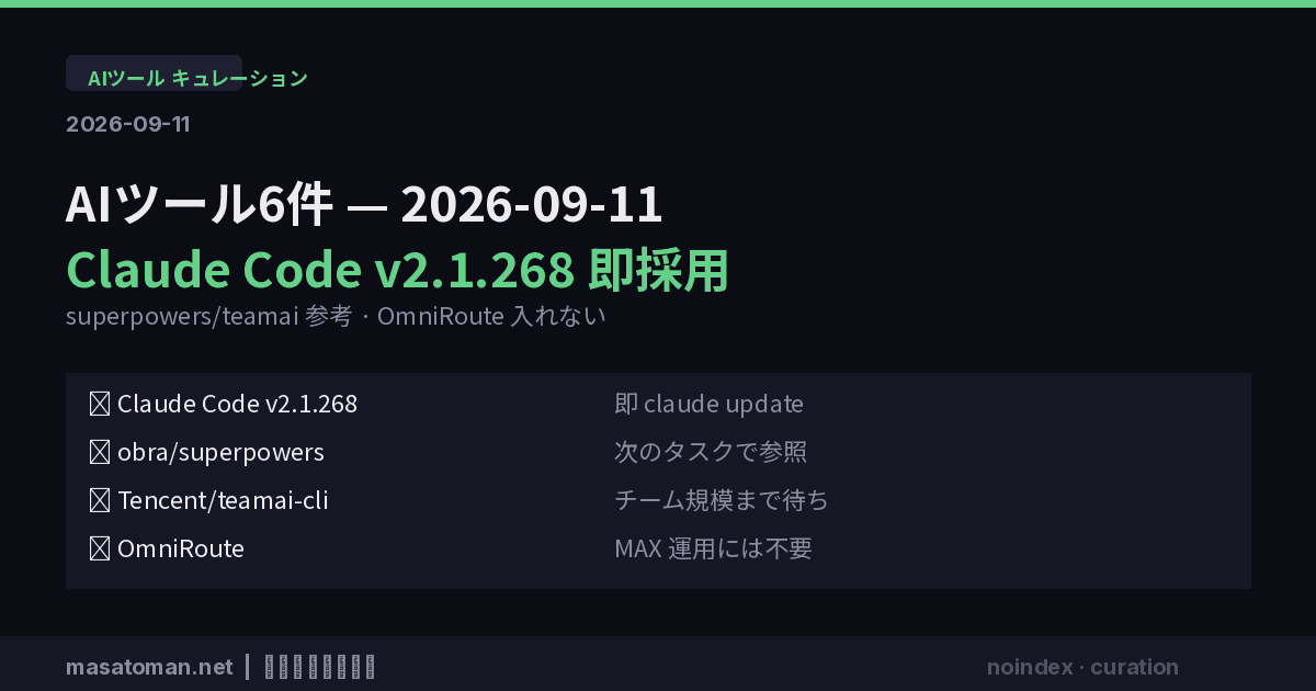 AIツール6件 2026-09-11 — Claude Code v2.1.268即採用・superpowers/teamai参考・OmniRoute/llmfit入れない