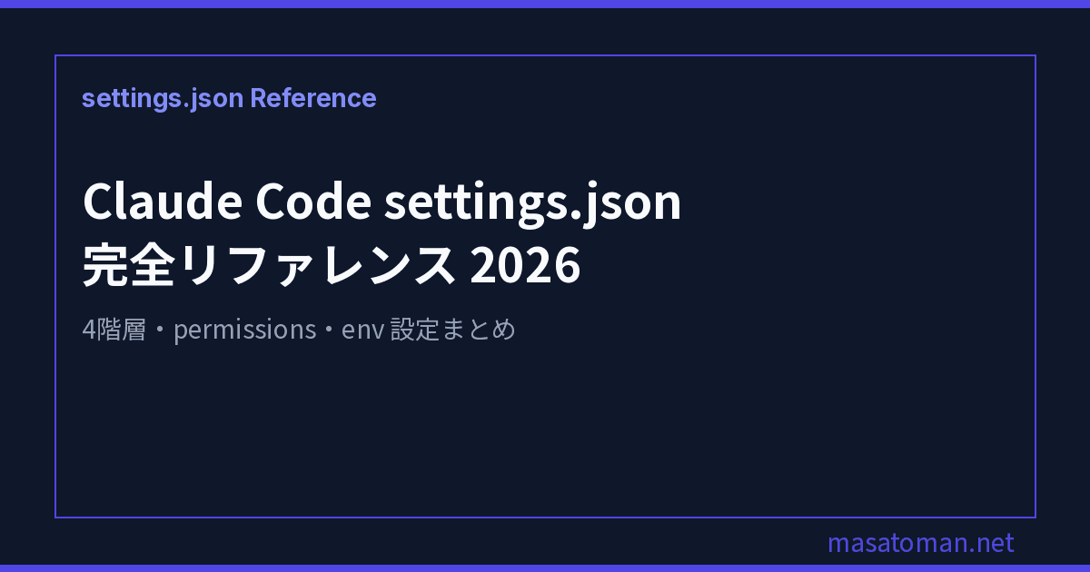 Claude Code settings.json 完全リファレンス 2026｜4 階層・permissions・env・hooks の主要フィールド