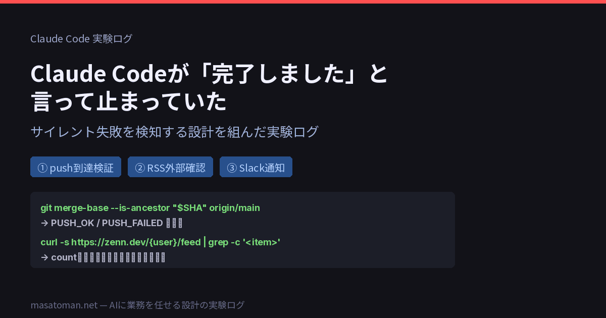 Claude Codeが「完了しました」と言って止まっていた—サイレント失敗を検知する設計を組んだ実験ログ