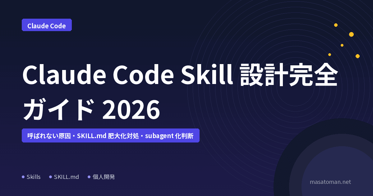 Claude Code Skill 設計完全ガイド 2026｜呼ばれない原因・SKILL.md 肥大化対処・subagent 化判断