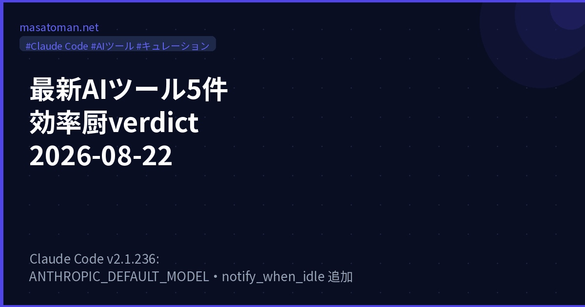 最新AIツール5件 効率厨verdict 2026-08-22 — Claude Code v2.1.236 ANTHROPIC_DEFAULT_MODEL・notify_when_idle